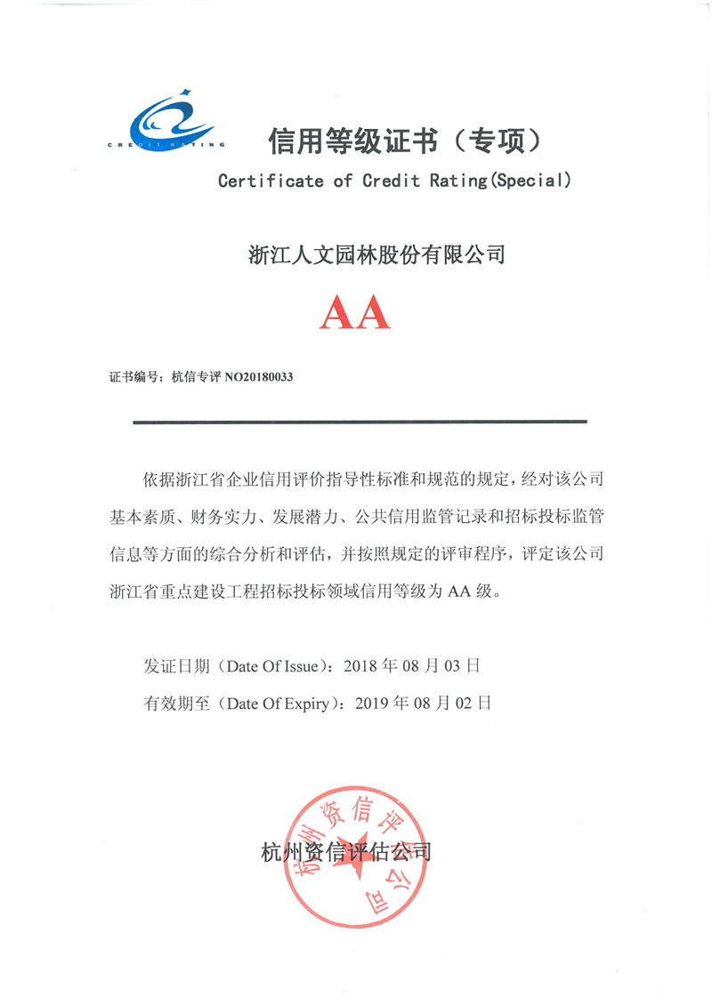 信用等級(jí)證書（專項(xiàng)）AA